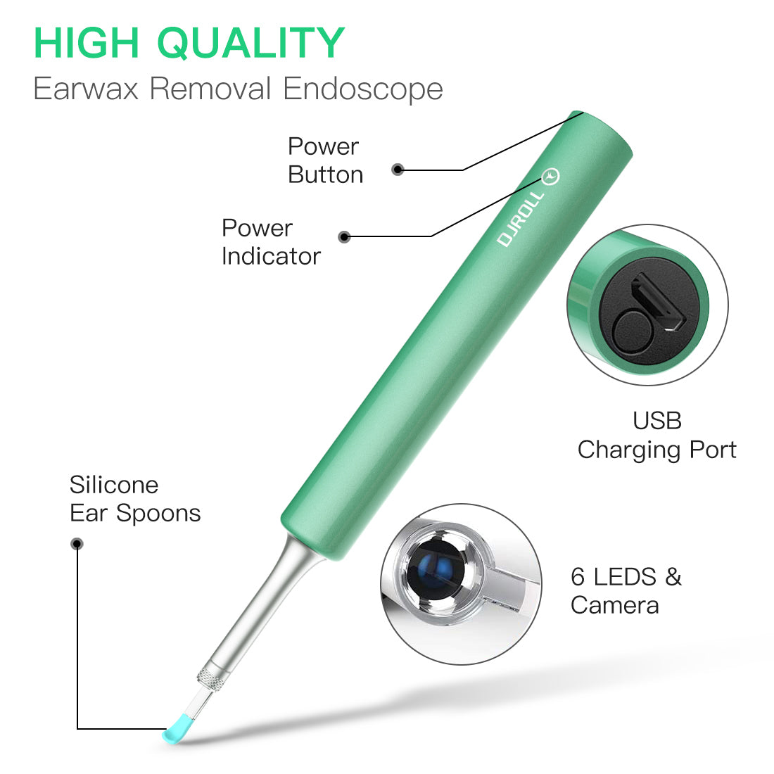 DJROLL Ear Wax Removal Endoscope, Earwax Remover Tool, Ear Camera,1080P FHD Wireless Ear Otoscope with 6 LED Lights,Ear Scope with Ear Wax Cleaner Tool for iPhone, iPad & Android Smart Phones (Blue)
